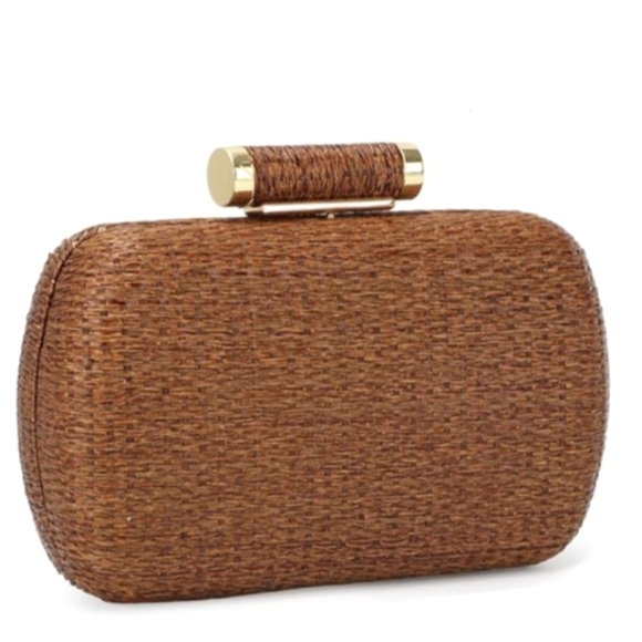 Rattan Hard Case Clutch Purse Brown Boho Woven Wicker Bag Crossbody Chain Strap - Picture 1 of 14